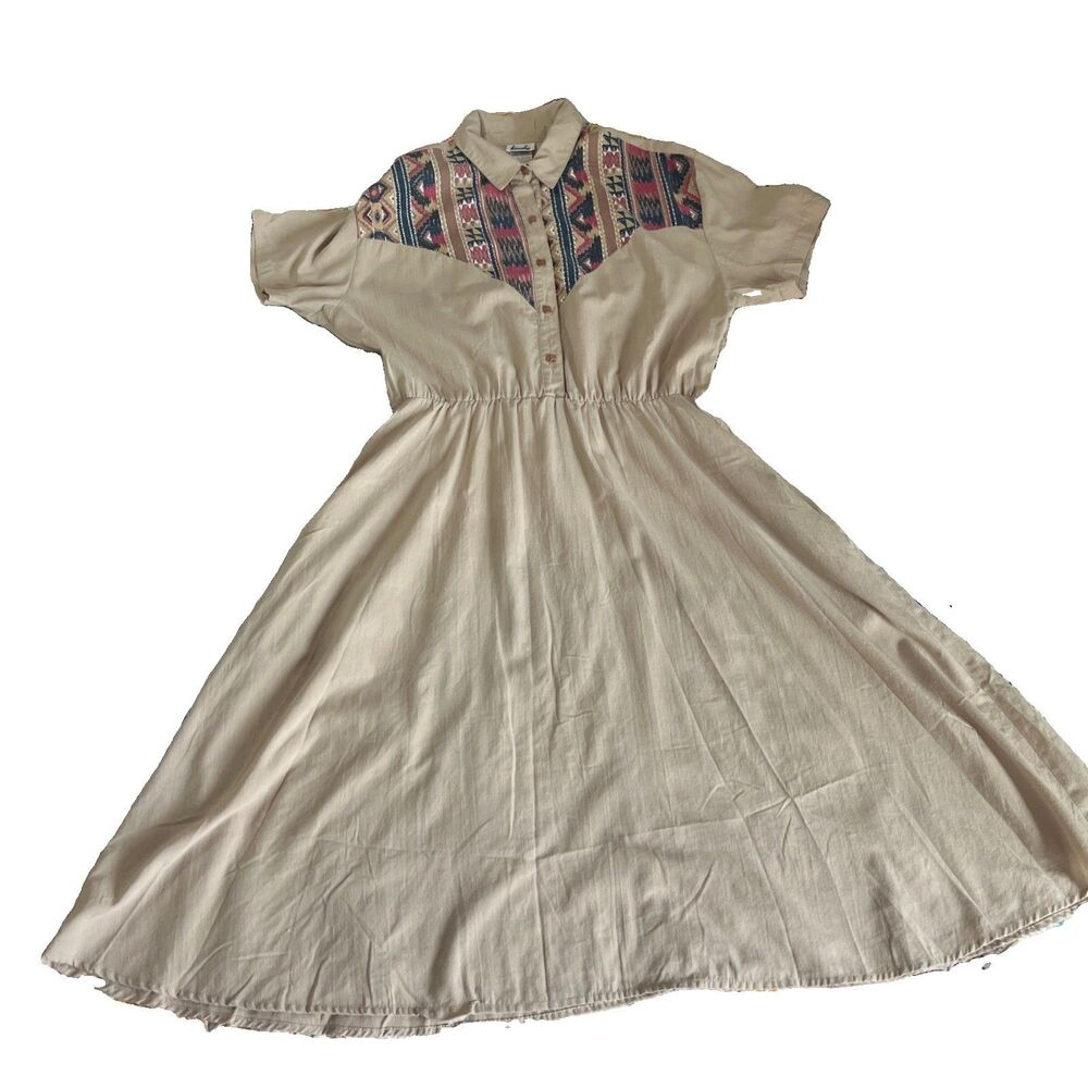 VTG 90s Tapestry Southwestern Midi Dress Size 18 Tan Western Made In USA
